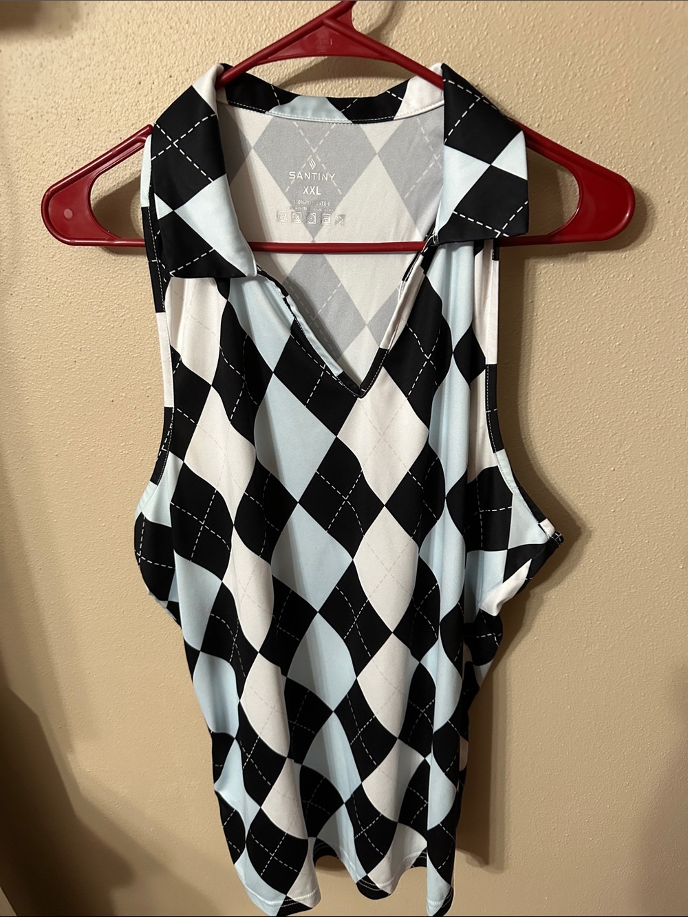 Santiny Women's Sleeveless Argyle Polo Tank - Light Blue, Black & White